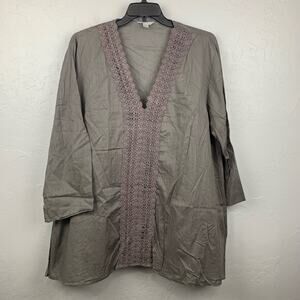 Garnet Hill Tunic Top Womens Extra Large Gray 3/4 Sleeve V Neck 100% Cotton